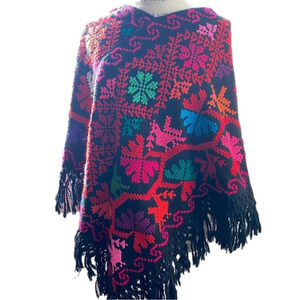 𝅺vintage Mexican Handmade Wool Mananita Party Celebration Poncho Fits S & M